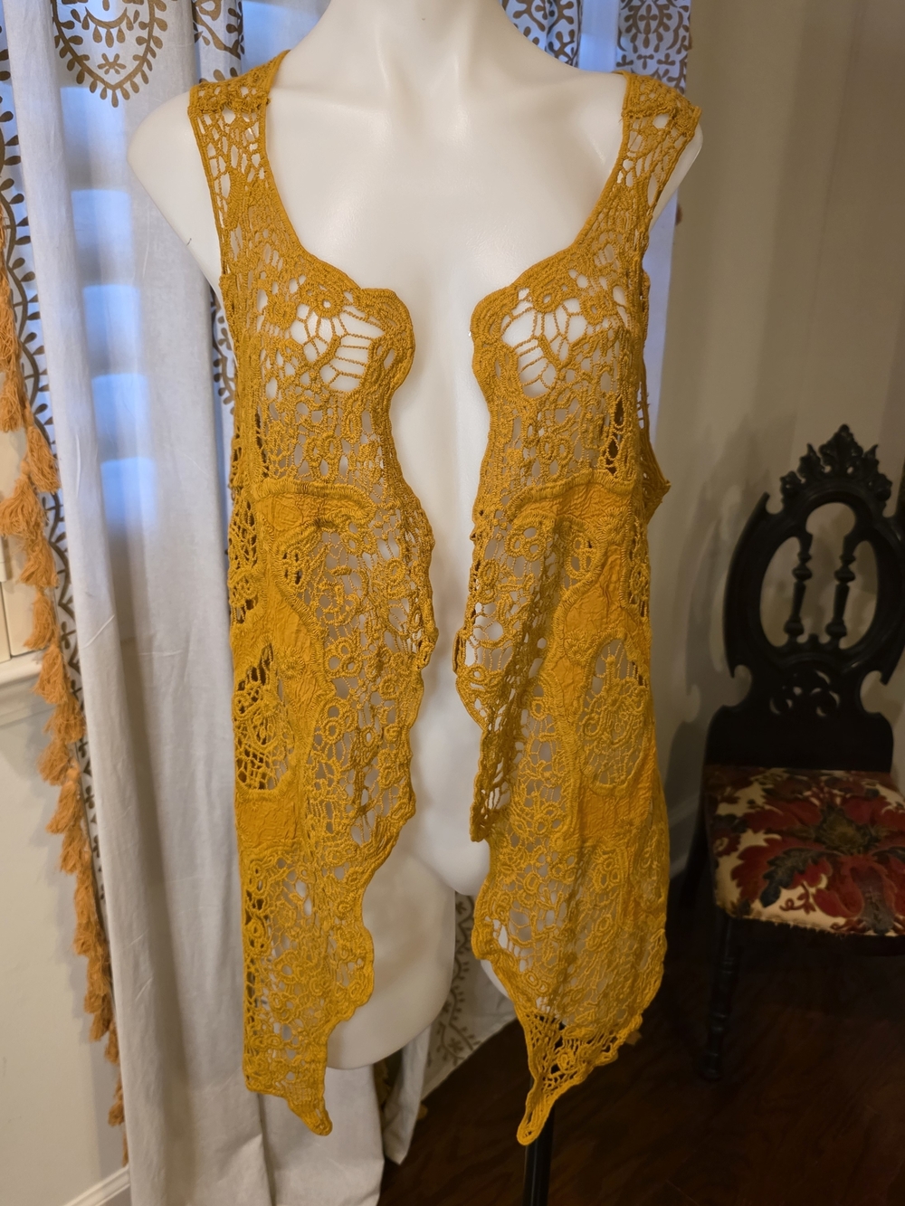 Boho Crochet Open-Front Vest - Mustard Yellow